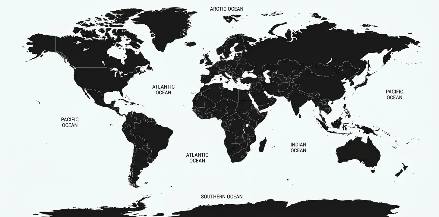 Mapa-múndi político com fronteiras nacionais, usado para comparar o inglês no Brasil e em oito países